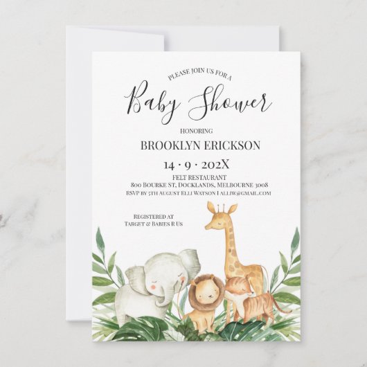 Safari Animals Foliage Baby Dusche Einladung (Vorderseite)
