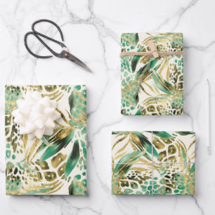 Safari Animals' Fur Prints Muster grün und Gold Geschenkpapier Set