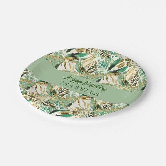 Safari Animals' Fur Prints Pattern & Palm Blätter Pappteller (Schrägansicht)