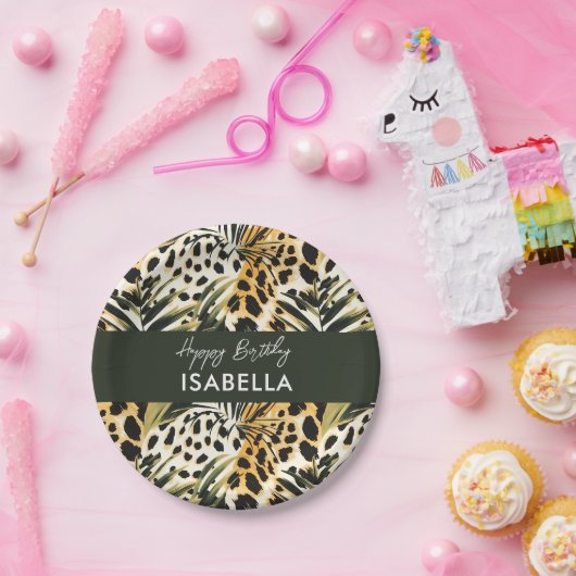 Safari Animals' Fur Prints Patterns & Palm Blätter Pappteller (Party)