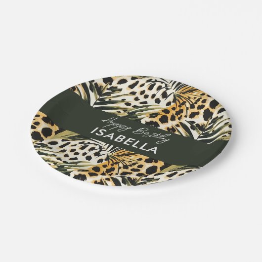 Safari Animals' Fur Prints Patterns & Palm Blätter Pappteller (Schrägansicht)