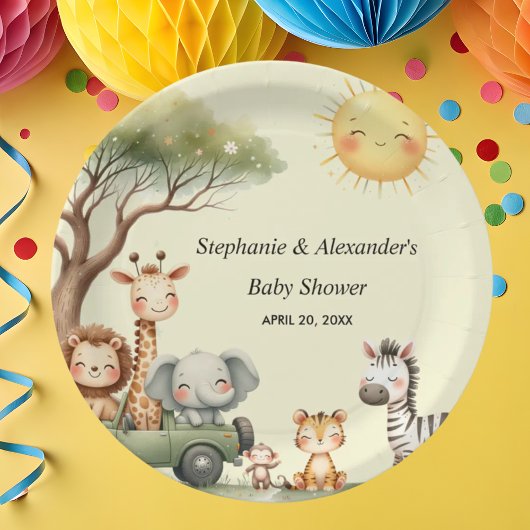 Safari animals gender neutral baby shower round pappteller
