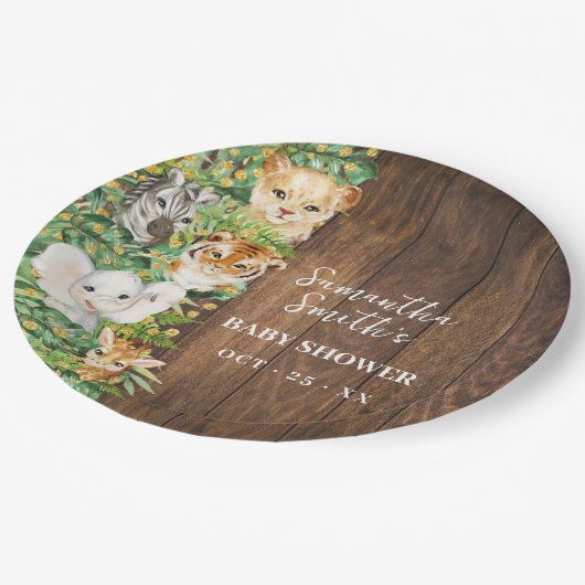 Safari Animals Gold Glitzer Rustic Baby Dusche Pappteller (Schrägansicht)