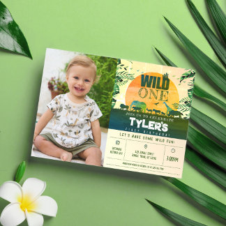 Safari Animals Green Wild Ein Foto 1. Geburtstag Einladung