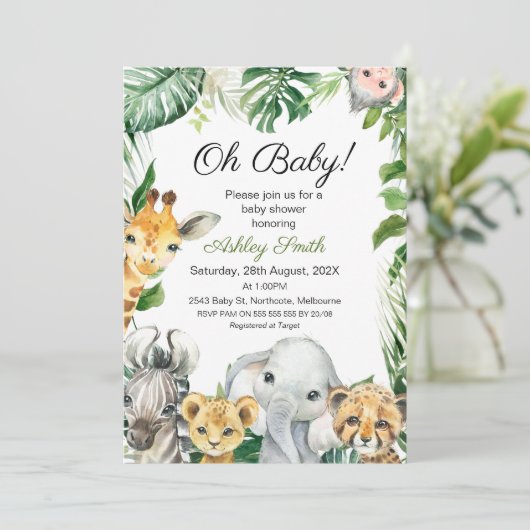 Safari Animals Greenery Baby Shower Einladung (Stehend Vorderseite)