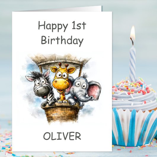 Safari Animals in Hot Air Balloon 1st Birthday Karte