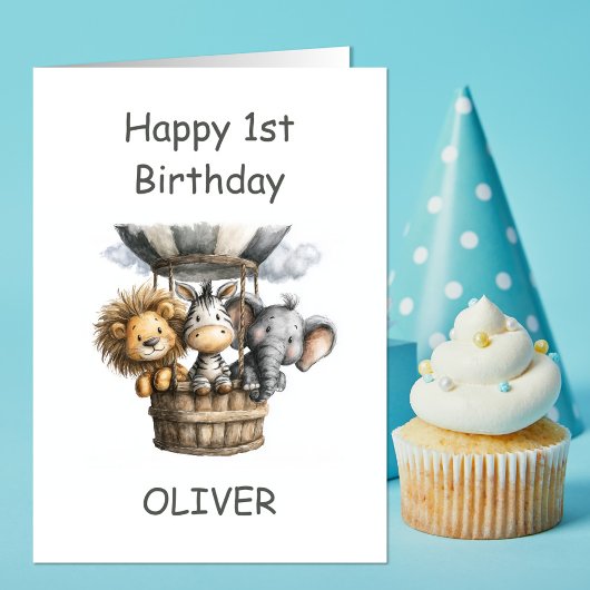 Safari Animals in Hot Air Balloon 1st Birthday Karte