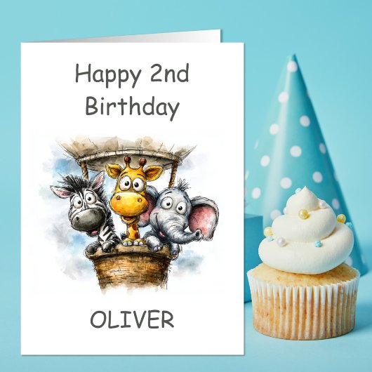 Safari Animals in Hot Air Balloon 2nd Birthday Karte