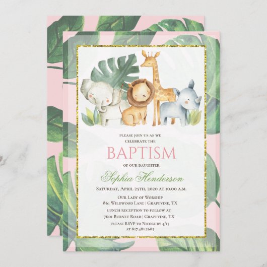 Safari Animals Jungle Animals Taufe Einladung (Vorne/Hinten)