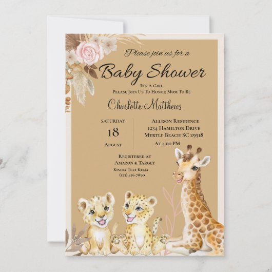 Safari Animals Jungle Baby Dusche Einladung (Vorderseite)