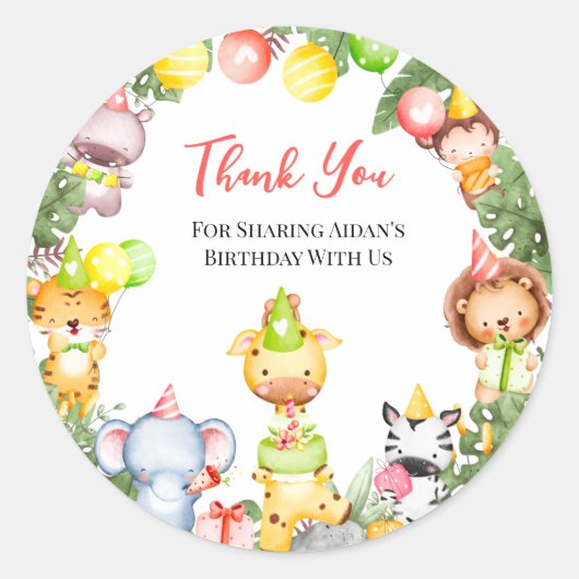 Safari Animals Kids Party Vielen Dank Runder Aufkleber (Vorderseite)