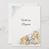 Safari Animals Lion Giraffe Elephant Blue Boy Einladung (Rückseite)