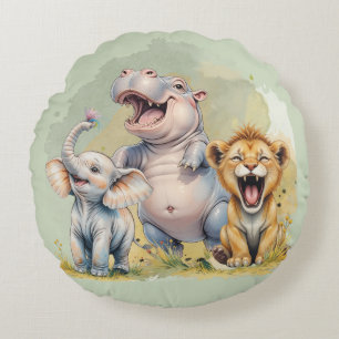 Safari Animals Lion Hippo Elephant Rundes Kissen