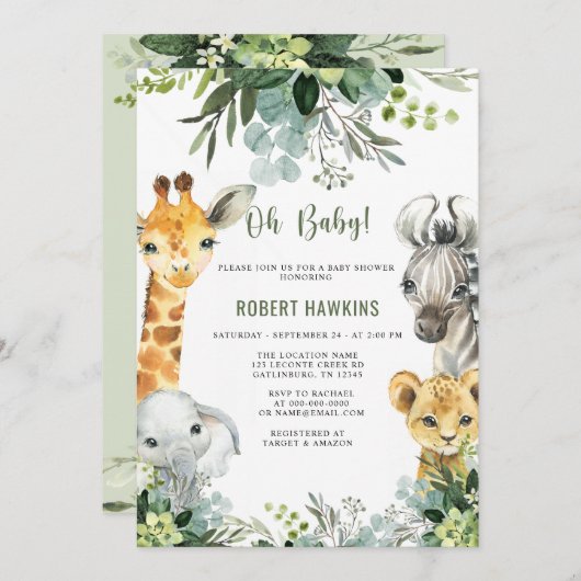 Safari Animals Oh Baby Greenery Jungle Baby Dusche Einladung (Vorne/Hinten)