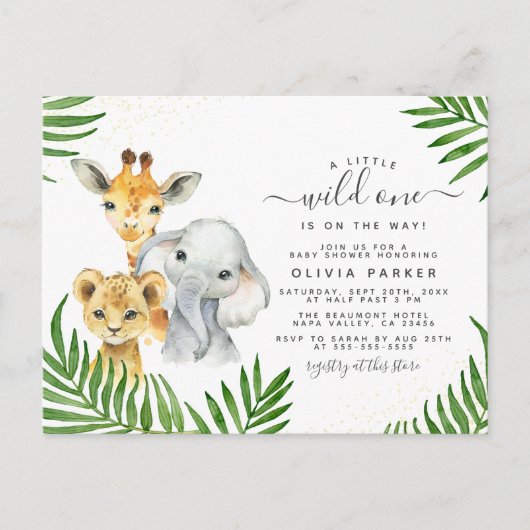 Safari Animals & Palm Blätter Wild One Baby Shower Einladungspostkarte (Vorderseite)
