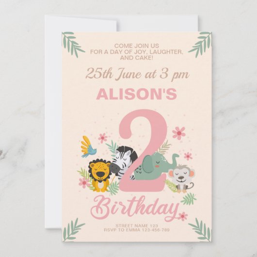 Safari Animals Pastel 2 Geburtstag Einladung (Vorderseite)