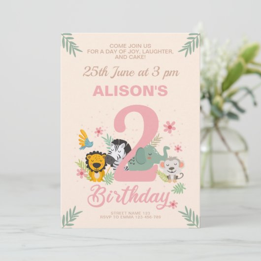 Safari Animals Pastel 2 Geburtstag Einladung (Stehend Vorderseite)