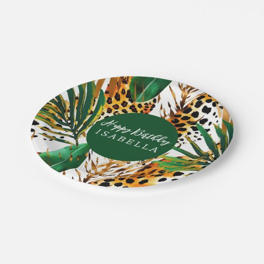 Safari Animals' Pelz Prints & Palm Blätter Boho Pappteller (Schrägansicht)