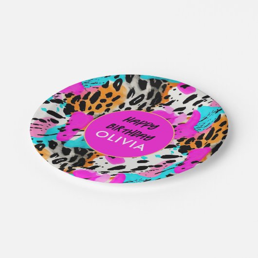 Safari Animals' Pelz Prints Patterns Bright Neon Pappteller (Schrägansicht)