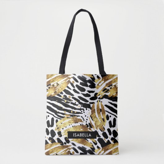 Safari Animals' Pelzdruckmuster Muster Gold und Sc Tasche (Vorderseite)