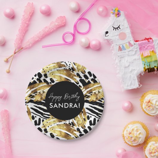 Safari Animals' Pelzdruckmuster Muster Schwarz und Pappteller (Party)