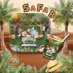 Safari Animals Personalisiert Baby Dusche Pappteller<br><div class="desc">Niedliche Safaritiere fahren im LKW. Tief grüne Farben,  goldgelbe Orangen schmücken diese personalisierte Babyduschplatte. 100% Kundenzufriedenheit mit "Zazzle"</div>