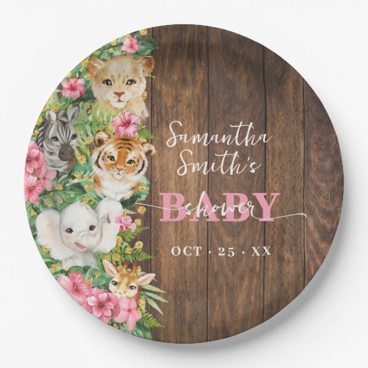 Safari Animals Pink Rustic Baby Shower Pappteller (Vorderseite)