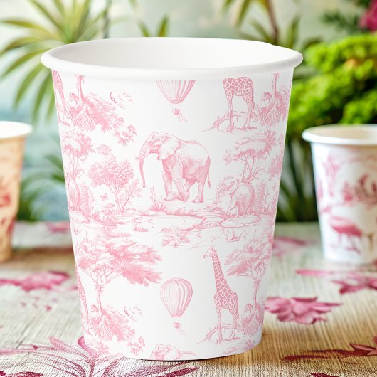 Safari Animals Pink Toile de Jouy Baby Dusche Pappbecher