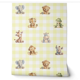 Safari Animals Toys Yellow Kariert Baby Kinderzimm Tapete