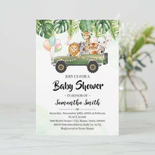 Safari Animals Tropical Jungle Zoo Baby Dusche Einladung (Stehend Vorderseite)