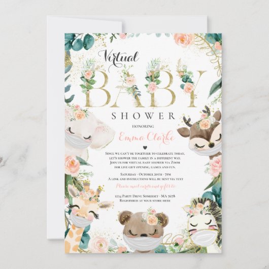 Safari Animals Virtual Baby Shower Greenerie Gold Einladung (Vorderseite)