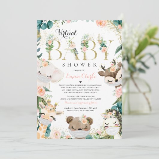 Safari Animals Virtual Baby Shower Greenerie Gold Einladung (Stehend Vorderseite)