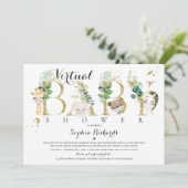 Safari Animals Virtual Baby Shower Greenerie Gold Einladung (Stehend Vorderseite)