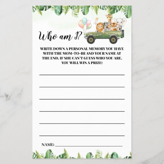 Safari Animals Who I Baby Showgame Card Flyer (Vorne)