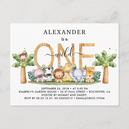 Safari Animals Wild 1 1. Geburtstag Einladung Postkarte (Vorderseite)