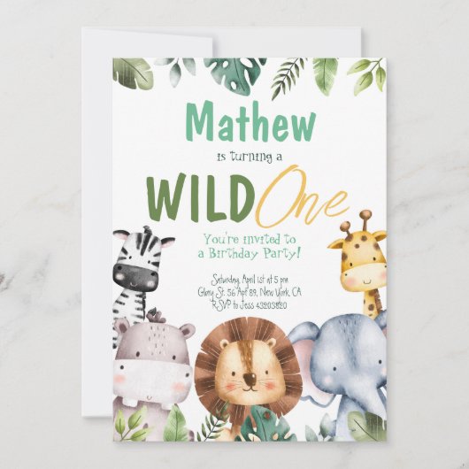 Safari Animals Wild Ein Geburtstag Einladung (Vorderseite)