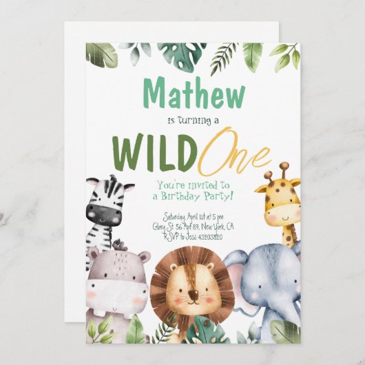 Safari Animals Wild Ein Geburtstag Einladung (Vorne/Hinten)