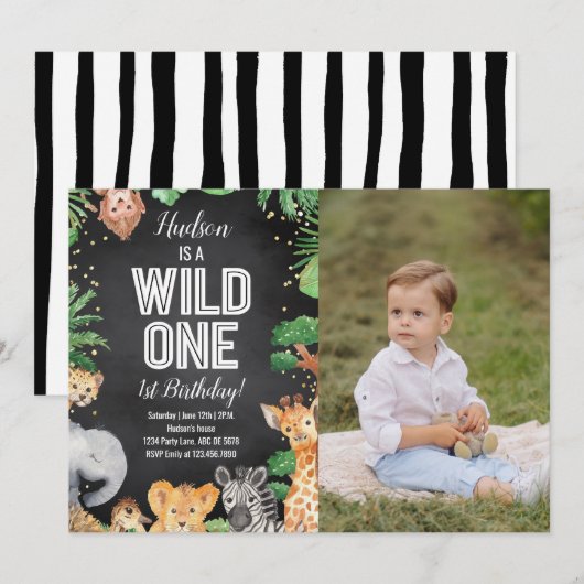 Safari Animals Wild Ein Geburtstag Schwarzes Foto Einladung (Vorne/Hinten)