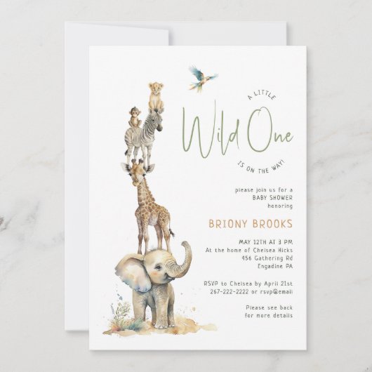 Safari Animals "Wild One" | Alles in einer Babydus Einladung (Vorderseite)