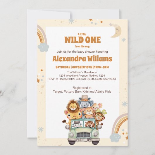 Safari Animals Wild One Baby Shower Einladung (Vorderseite)