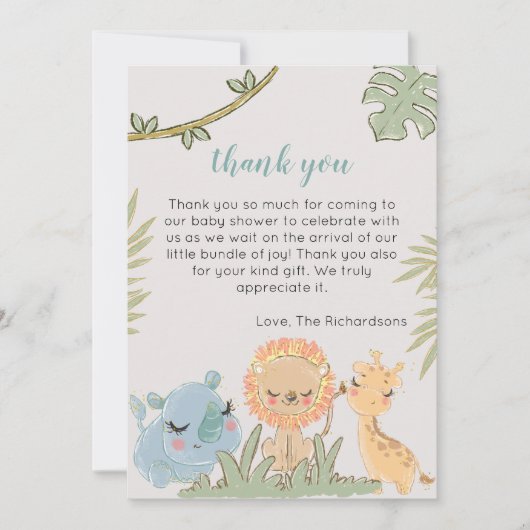 Safari Animals Wild One Gender Neutral Baby Shower Dankeskarte (Vorderseite)