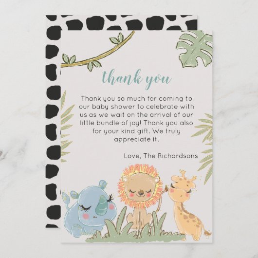 Safari Animals Wild One Gender Neutral Baby Shower Dankeskarte (Vorne/Hinten)