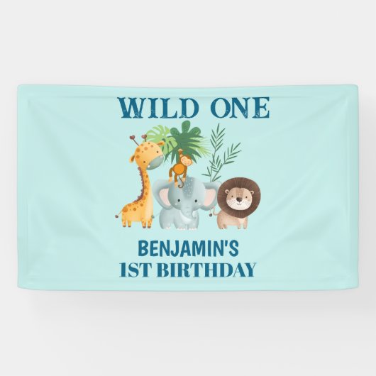 Safari Animals Wild One Jungle 1st Birthday Banner (Horizontal)
