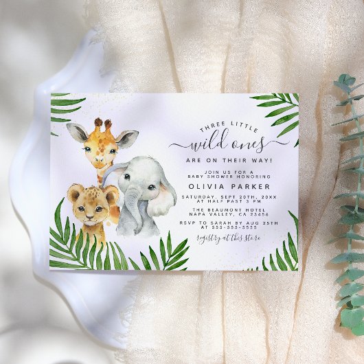 Safari Animals Wild One Triplets Baby Shower Einladung
