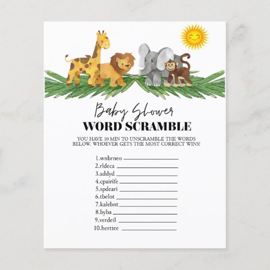 Safari Animals Word Scrumble Baby Showspiel (Vorderseite)