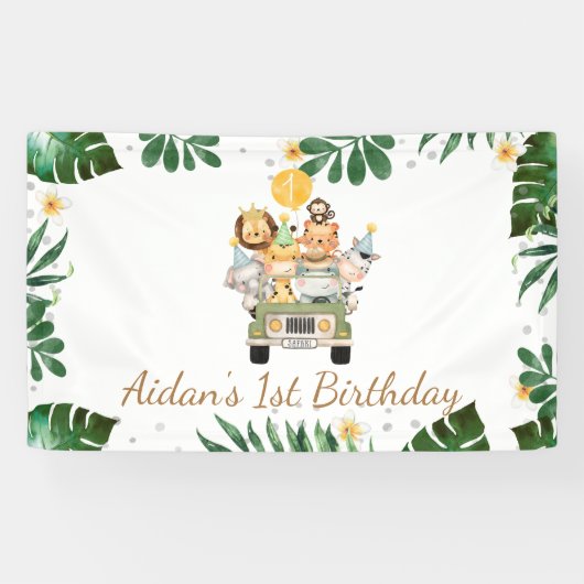 Safari Animals Yellow Balloon Geburtstagsbanner Banner (Horizontal)