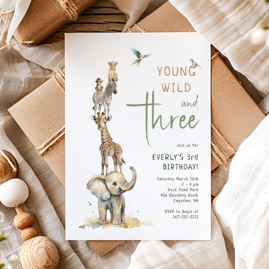 Safari Animals "Young Wild & Three" Kindergeburtst Einladung
