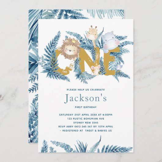 Safari Animals zum ersten Geburtstag Einladung (Vorne/Hinten)