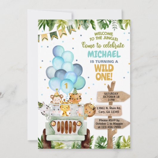 Safari Auto, Ballons, Dschungeltiere Junge Geburts Einladung (Vorderseite)