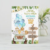 Safari Auto, Ballons, Dschungeltiere Junge Geburts Einladung (Stehend Vorderseite)